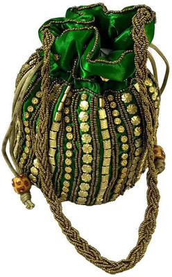 Genpurs Stylish Party Wear Green Silk Potli Potli(Green)