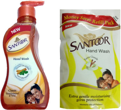 SANTOOR CLASSIC SANDALWOOD & TULSI HANDWASH (PUMP) 215 ML+EXTRA GENTLE MOISTURISING GERM PROTECTION HANDWASH 180 ML(215 ml, Pump Dispenser, Pack of 4)