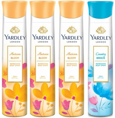 Yardley London Three Autumn Bloom & One Country Breeze Deodorant Combo for Women Body Spray - For Women(600 ml, Pack of 4)
Yardley London Three Autumn Bloom & One Country Breeze Deodorant Combo for Women Body Spray - For Women(600 ml, Pack of 4)