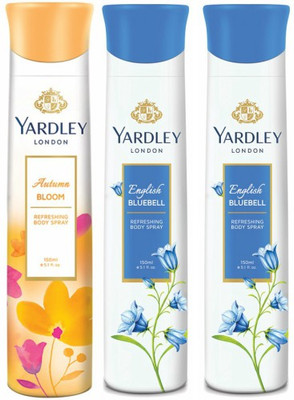 Yardley London One Autumn Bloom & Two English Bluebell Deodorant Combo for Women Body Spray - For Women(450 ml, Pack of 3)
Yardley London One Autumn Bloom & Two English Bluebell Deodorant Combo for Women Body Spray - For Women(450 ml, Pack of 3)