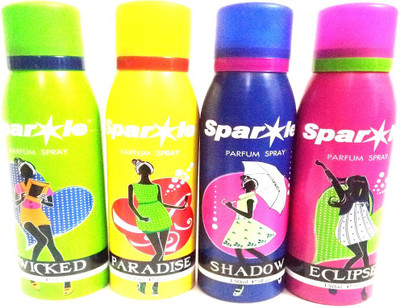 Sparkle WICKED,PARADISE,ECLIPSE AND SHADOW Perfume Body Spray - For Women(600 ml, Pack of 4)
Sparkle WICKED,PARADISE,ECLIPSE AND SHADOW Perfume Body Spray - For Women(600 ml, Pack of 4)