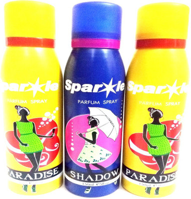 Sparkle PARADISE AND SHADOW Perfume Body Spray - For Women(450 ml, Pack of 3)
Sparkle PARADISE AND SHADOW Perfume Body Spray - For Women(450 ml, Pack of 3)