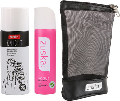 Zuska Men and Women Deo - Knight and Vogue with Travel Pouch Perfume Body Spray - For Men & Women(150 ml, Pack of 2)
Zuska Men and Women Deo - Knight and Vogue with Travel Pouch Perfume Body Spray - For Men & Women(150 ml, Pack of 2)