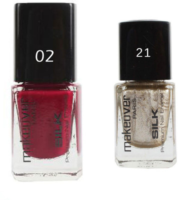 Makeover Professional Nail Paint Hot Red-02 , Nail Paint Hot Silk Golden-21 Multi(Pack of 2)