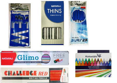 NATARAJ NATARAJ DEW PEN+NATARAJ SURFER PEN+NATARAJ CHALLENGE RED PENCIL +NATARAJ THINS PEN+NATARAJ GLIMO PENCIL+KOTOSTALHL CRAYONS Ball Pen(Pack of 6)
NATARAJ NATARAJ DEW PEN+NATARAJ SURFER PEN+NATARAJ CHALLENGE RED PENCIL +NATARAJ THINS PEN+NATARAJ GLIMO PENCIL+KOTOSTALHL CRAYONS Ball Pen(Pack of 6)