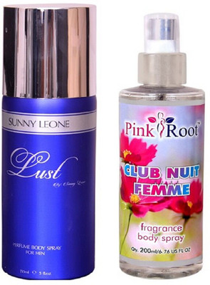 Pink Root CLUB DE FEMME BODY SPRAY WITH SUNNY LEOAN LUST BLUE DEO PACK OF 2(Set of 2)
Pink Root CLUB DE FEMME BODY SPRAY WITH SUNNY LEOAN LUST BLUE DEO PACK OF 2(Set of 2)