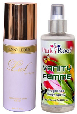 Pink Root VANITY FEMME BODY SPRAY WITH SUNNY LEOAN LUST WOMEN DEO(Set of 2)