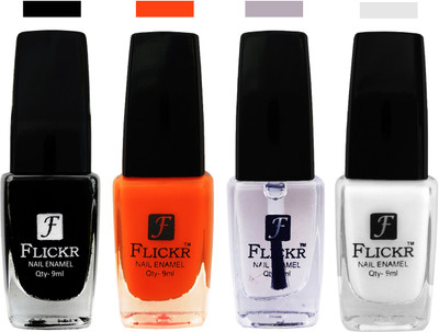 Flickr EXTRA SHINE and SPEED DRY Nail Polish Black,Orange,White,White(Pack of 4)
