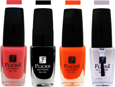 Flickr EXTRA SHINE and SPEED DRY Nail Polish Baby Pink,Black,Orange,Top Coat(Pack of 4)
Flickr EXTRA SHINE and SPEED DRY Nail Polish Baby Pink,Black,Orange,Top Coat(Pack of 4)