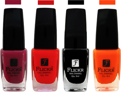 Flickr EXTRA SHINE and SPEED DRY Nail Polish Purple,Red,Black,Orange(Pack of 4)