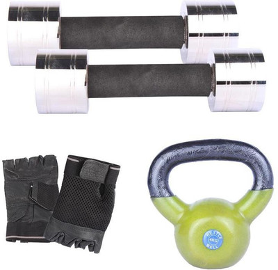 Royal 2.5 Kg 2 Pc Chrome Dumbell with 4 Kg 1 Pc Kettle Bell Hand Gloves Gym & Fitness Kit