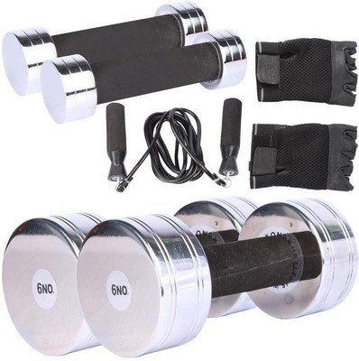Royal 1 Kg 2 Pc Chrome Dumbell with 6 Kg 2 Pc Chrome Dumbell Skipping Rops & Hand Gloves Gym & Fitness Kit