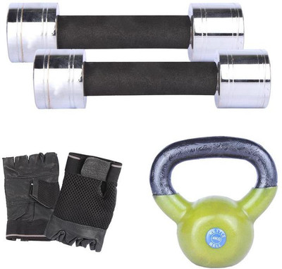 Royal 2 Kg 2 Pc Chrome Dumbell with 4 Kg 1 Pc Kettle Bell Hand Gloves Gym & Fitness Kit