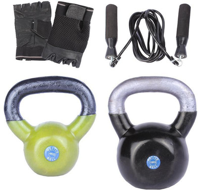 Royal 4 Kg 1 Pc Kettle Bell with 10 Kg 1 Pc Kettle Bell Skipping Rops & Hand Gloves Gym & Fitness Kit