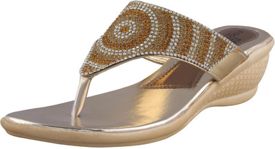 Footshez Patchwork Party Wear Slip On For Women And Girls Flip Flops, Gold