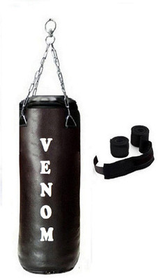 Venom 5.5 Feet Long, SRF - STANDARD Material, Black Color, Unfilled with Hanging Chain and 9 Freet Long Black Color Hand Wrap Pair Boxing Kit 
Venom 5.5 Feet Long, SRF - STANDARD Material, Black Color, Unfilled with Hanging Chain and 9 Freet Long Black Color Hand Wrap Pair Boxing Kit