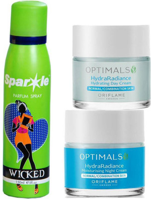 Oriflame Sweden OPTIMALS Hydra Radiance Day & Night Cream Normal/Combination Skin 50+50ml (32462 & 32463) with one sparkle Parfume spray 150ml(Set of 3)
Oriflame Sweden OPTIMALS Hydra Radiance Day & Night Cream Normal/Combination Skin 50+50ml (32462 & 32463) with one sparkle Parfume spray 150ml(Set of 3)