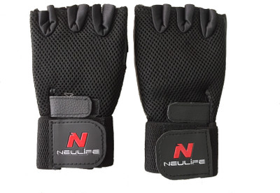 Neulife Leather Plam With Wrist Spport ( Heavy Netted ) Gym & Fitness Gloves (, Black