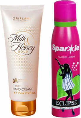 Oriflame Sweden milk and honey gold moisturising hand cream 75ml (31606) With one sparkle perfume spray 150 ml(Set of 2)
Oriflame Sweden milk and honey gold moisturising hand cream 75ml (31606) With one sparkle perfume spray 150 ml(Set of 2)