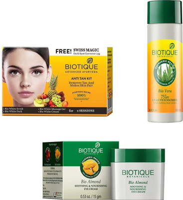 BIOTIQUE BIO Bio Anti Tan Facial Kit, Bio Almond Soothing & Nourishing Eye Cream, Bio Vera 75+ Spf Sunscreen Ultra Soothing Body Lotion(Set of 3)
BIOTIQUE BIO Bio Anti Tan Facial Kit, Bio Almond Soothing & Nourishing Eye Cream, Bio Vera 75+ Spf Sunscreen Ultra Soothing Body Lotion(Set of 3)