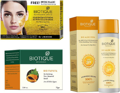 BIOTIQUE BIO Gold Radiance Facial Kit, Bio Papaya Revitalizing Tan Removal Scrub, Bio Aloe Vera Ultra Soothing Face Lotion SPF 30 UVA/UVB Sunscreen(Set of 3)
BIOTIQUE BIO Gold Radiance Facial Kit, Bio Papaya Revitalizing Tan Removal Scrub, Bio Aloe Vera Ultra Soothing Face Lotion SPF 30 UVA/UVB Sunscreen(Set of 3)