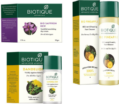 BIOTIQUE BIO Bio Saffron Dew Youthful Nourishing Day Cream, Bio Dandelion Ageless Lightening Serum, Bio Pineapple Oil Control Face Cleanser For Normal To Oil Skin(Set of 3)
BIOTIQUE BIO Bio Saffron Dew Youthful Nourishing Day Cream, Bio Dandelion Ageless Lightening Serum, Bio Pineapple Oil Control Face Cleanser For Normal To Oil Skin(Set of 3)