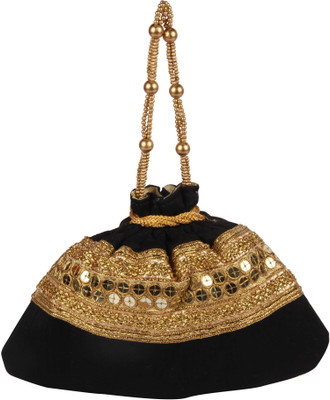 Balee Fashions BF2301BK Rawsilk Tiki Border Batwa Potli(Black)