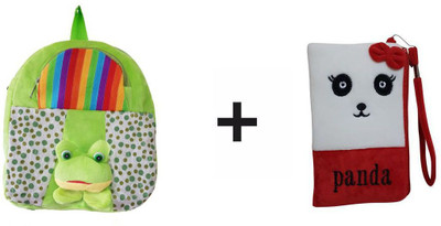 Global Choice Frog Polka Soft Toy Bag & Cute Panda Pouch - 14 inch(Green, White)