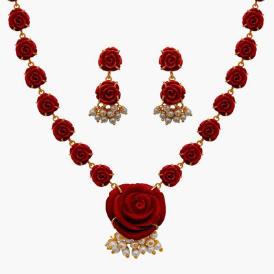 Nisa Pearls & Jewellery Alloy Jewel Set(Red, White)