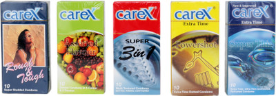 Carex CONDOM SET OF FIVE- ASSORTED,SUPER 3-IN -1,ROUGH & TOUGH,SUPER THIN , POWER SHOT Condom(Set of 5, 50S)