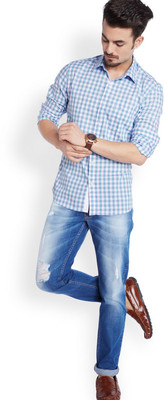 Parx Men's Checkered Casual Blue Shirt