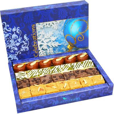 Ghasitaram Gifts Sweets- Assorted Box of Kaju Chocolate Barfi,Mango Bite, Mathura Diya and Besan Barfi(400 g, Box)
Ghasitaram Gifts Sweets- Assorted Box of Kaju Chocolate Barfi,Mango Bite, Mathura Diya and Besan Barfi(400 g, Box)