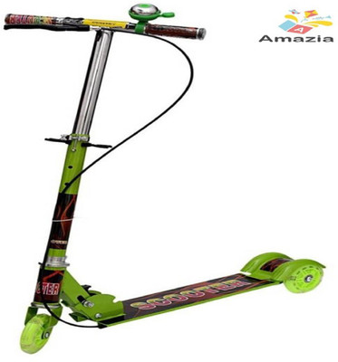 Amazia 3 Wheel Folding Scooter with LED lights on wheels and Bell & Handbrake.(Green)
