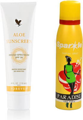 Forever Aloe Sunscreen 118 ml (199) With One Sparkle Perfume Spray 150 Ml(Set of 2)
Forever Aloe Sunscreen 118 ml (199) With One Sparkle Perfume Spray 150 Ml(Set of 2)