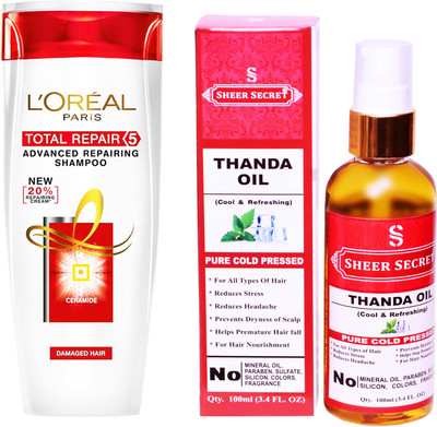 L'Oreal TOTAL REPAIR 5 SHAMPOO 175ML with SHEER SECRET COLD PRESSED THANDA OIL 100ML(Set of 2)
L'Oreal TOTAL REPAIR 5 SHAMPOO 175ML with SHEER SECRET COLD PRESSED THANDA OIL 100ML(Set of 2)