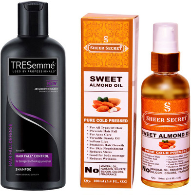 TRESemme 190 ML HAIR FALL DEFENCE SHAMPOO with SHEER SECRET COLD PRESSED SWEET ALMOND OIL 100ML(Set of 2)
TRESemme 190 ML HAIR FALL DEFENCE SHAMPOO with SHEER SECRET COLD PRESSED SWEET ALMOND OIL 100ML(Set of 2)