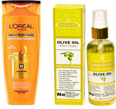 L'Oreal SMOOTH INTENSE SHAMPOO 175ML with SHEER SECRET COLD PRESSED OLIVE OIL 100ML(Set of 2)
L'Oreal SMOOTH INTENSE SHAMPOO 175ML with SHEER SECRET COLD PRESSED OLIVE OIL 100ML(Set of 2)