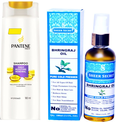 PANTENE 180 ML DAILY MOISTURE RENEWAL SHAMPOO with SHEER SECRET COLD PRESSED BHRINGRAJ OIL 100ML(Set of 2)
PANTENE 180 ML DAILY MOISTURE RENEWAL SHAMPOO with SHEER SECRET COLD PRESSED BHRINGRAJ OIL 100ML(Set of 2)