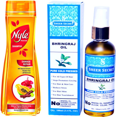 NYLE 180 ML DAMAGE REPAIR SHAMPOO with SHEER SECRET COLD PRESSED BHRINGRAJ OIL 100ML(Set of 2)
NYLE 180 ML DAMAGE REPAIR SHAMPOO with SHEER SECRET COLD PRESSED BHRINGRAJ OIL 100ML(Set of 2)
