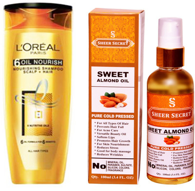 L'Oreal 6 OIL NOURISH SHAMPOO 175ML with SHEER SECRET COLD PRESSED SWEET ALMOND OIL 100ML(Set of 2)
L'Oreal 6 OIL NOURISH SHAMPOO 175ML with SHEER SECRET COLD PRESSED SWEET ALMOND OIL 100ML(Set of 2)