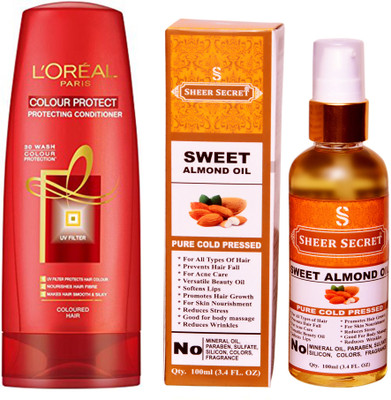 L'Oreal COLOUR PROTECT CONDITIONER 175 ML with SHEER SECRET COLD PRESSED SWEET ALMOND OIL 100ML(Set of 2)
L'Oreal COLOUR PROTECT CONDITIONER 175 ML with SHEER SECRET COLD PRESSED SWEET ALMOND OIL 100ML(Set of 2)