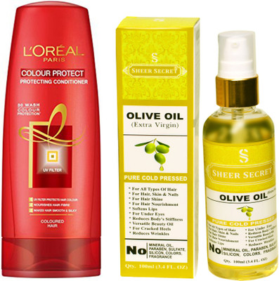 L'Oreal COLOUR PROTECT CONDITIONER 175 ML with SHEER SECRET COLD PRESSED OLIVE OIL 100ML(Set of 2)
L'Oreal COLOUR PROTECT CONDITIONER 175 ML with SHEER SECRET COLD PRESSED OLIVE OIL 100ML(Set of 2)