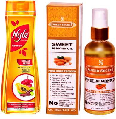 NYLE 180 ML DAMAGE REPAIR SHAMPOO with SHEER SECRET COLD PRESSED SWEET ALMOND OIL 100ML(Set of 2)
NYLE 180 ML DAMAGE REPAIR SHAMPOO with SHEER SECRET COLD PRESSED SWEET ALMOND OIL 100ML(Set of 2)