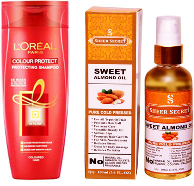 L'Oreal COLOUR PROTECT SHAMPOO 175ML with SHEER SECRET COLD PRESSED SWEET ALMOND OIL 100ML(Set of 2)
L'Oreal COLOUR PROTECT SHAMPOO 175ML with SHEER SECRET COLD PRESSED SWEET ALMOND OIL 100ML(Set of 2)