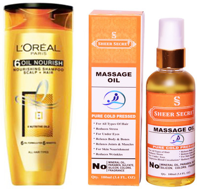 L'Oreal 6 OIL NOURISH SHAMPOO 175ML with SHEER SECRET COLD PRESSED MASSAGE OIL 100ML(Set of 2)
L'Oreal 6 OIL NOURISH SHAMPOO 175ML with SHEER SECRET COLD PRESSED MASSAGE OIL 100ML(Set of 2)