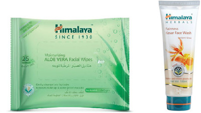 Himalaya Aloe Vera Facial Wipes, Fairness Kesar Face Wash(Set of 2)