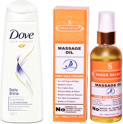 Dove 180 ML DAILY SHINE SHAMPOO with SHEER SECRET COLD PRESSED MASSAGE OIL 100ML(Set of 2)
Dove 180 ML DAILY SHINE SHAMPOO with SHEER SECRET COLD PRESSED MASSAGE OIL 100ML(Set of 2)