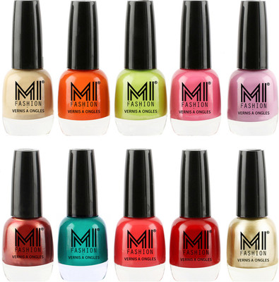 MI Fashion Daily Delight Nail Polish Combo in 10 Classy Shades Nude Beigh,Candy Coral,Lime Green,Doll Pink,Light Lilac,Reddish Bronze,Sea Green,Carrot Red,Rouge Red, Creamy Golden(Pack of 10)