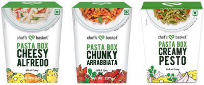 Chef's Basket Chunky Arrabbiata Pasta, 237g with Creamy Pesto Pasta, 237g and Cheesy Alfredo Pasta, 237g Pasta(Pack of 3, 237 g) 
Chef's Basket Chunky Arrabbiata Pasta, 237g with Creamy Pesto Pasta, 237g and Cheesy Alfredo Pasta, 237g Pasta(Pack of 3, 237 g)