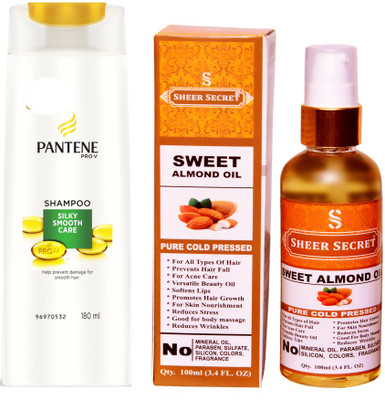 PANTENE 180 ML SILKY SMOOTH CARE SHAMPOO with SHEER SECRET COLD PRESSED SWEET ALMOND OIL 100ML(Set of 2)
PANTENE 180 ML SILKY SMOOTH CARE SHAMPOO with SHEER SECRET COLD PRESSED SWEET ALMOND OIL 100ML(Set of 2)